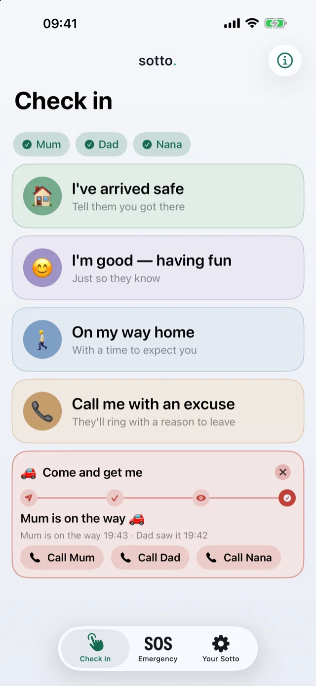 The child's check-in screen: Mum, Dad and Nana selected at the top, then the five check-in buttons, with a sent “come and get me” card showing Mum is on the way and Dad has seen it.