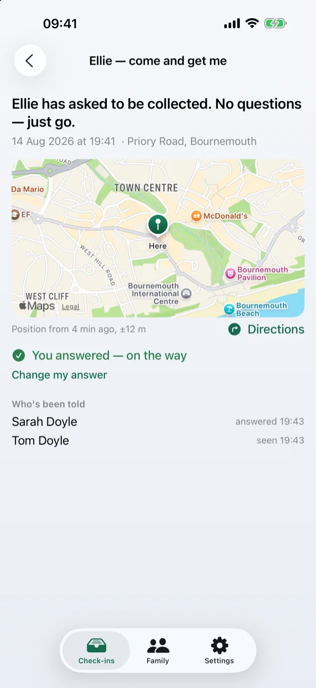 A “come and get me” opened: the words “Ellie has asked to be collected. No questions — just go”, a map of where she was, directions, and who else has been told.