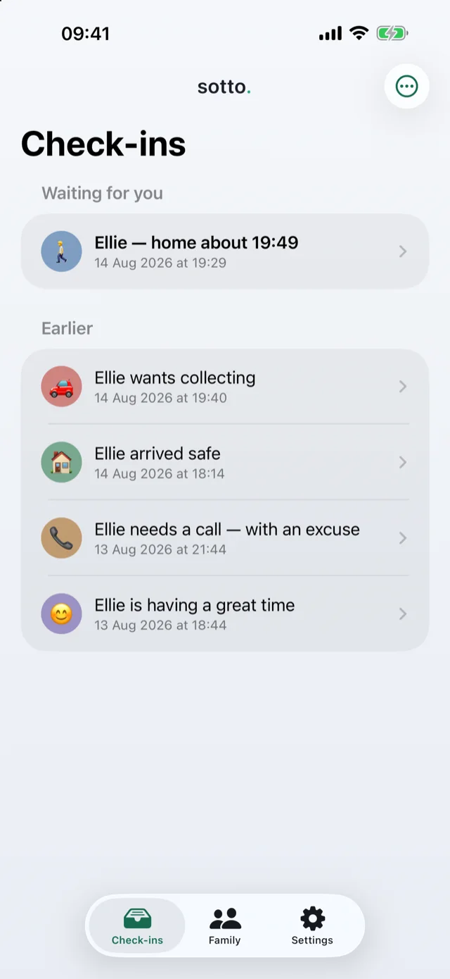 A guardian's check-in list: one waiting for a reply — Ellie, home about 15:58 — above earlier check-ins already answered.